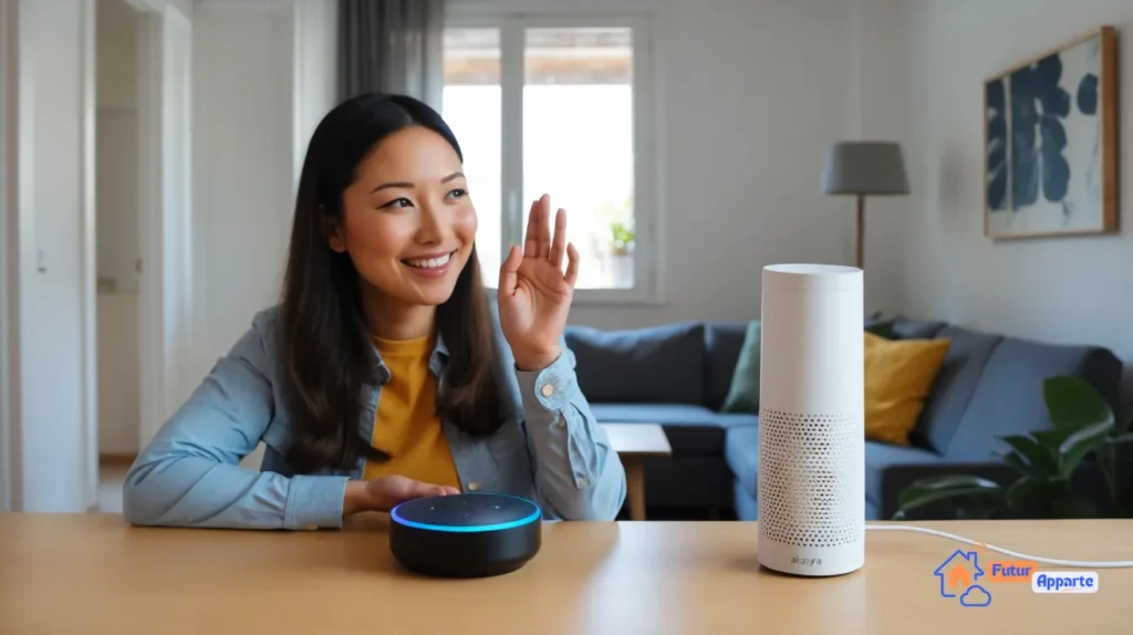 Jeune femme utilisant un assistant vocal dans une maison connectée, symbole des avancées en domotique.